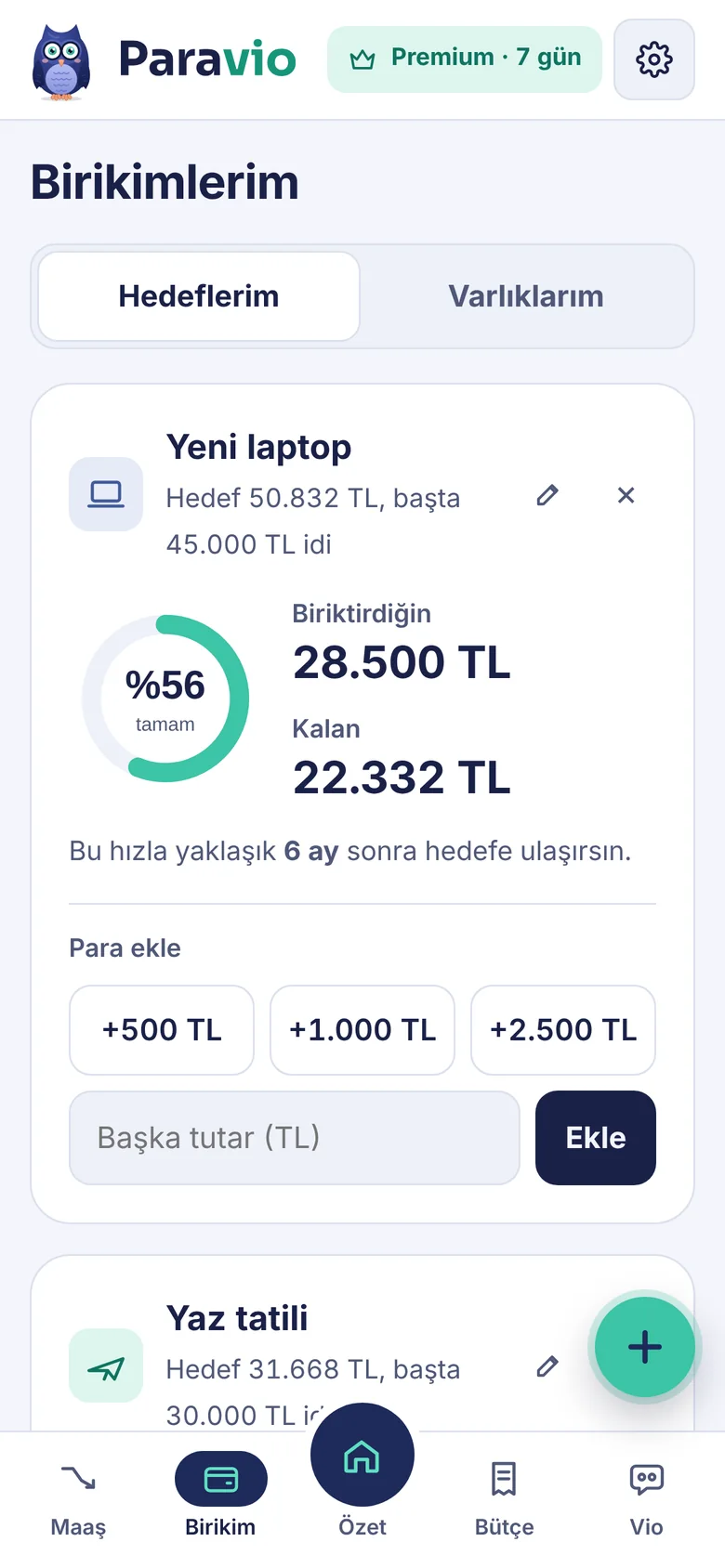 Birikimlerim ekranı: hedeflerin ilerlemesi